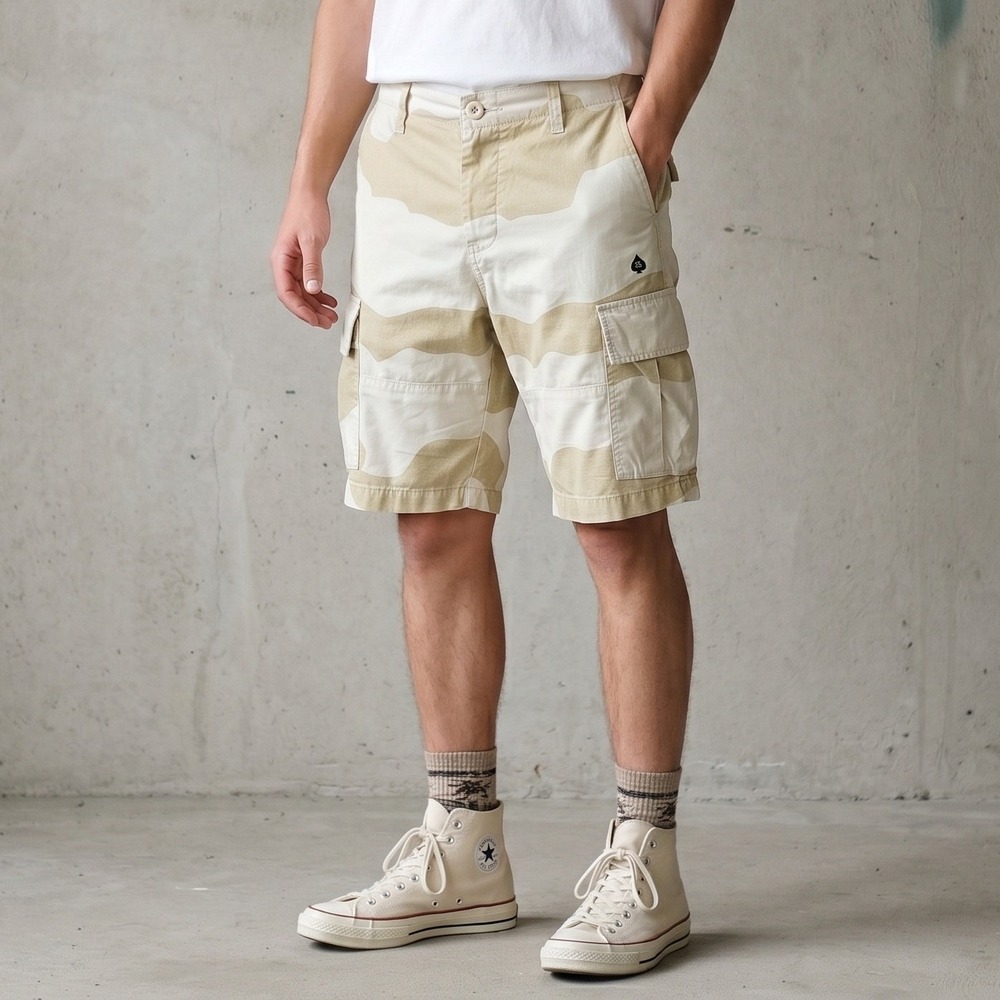 Y2K Stussy Shorts Mens 30 Beige Wavy Camo Cargo Button Fly Streetwear Gorpcore
